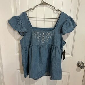 Blue Denim Wrangler Women's Top Size L NWT 100% Cotton Square Neck Embroidered